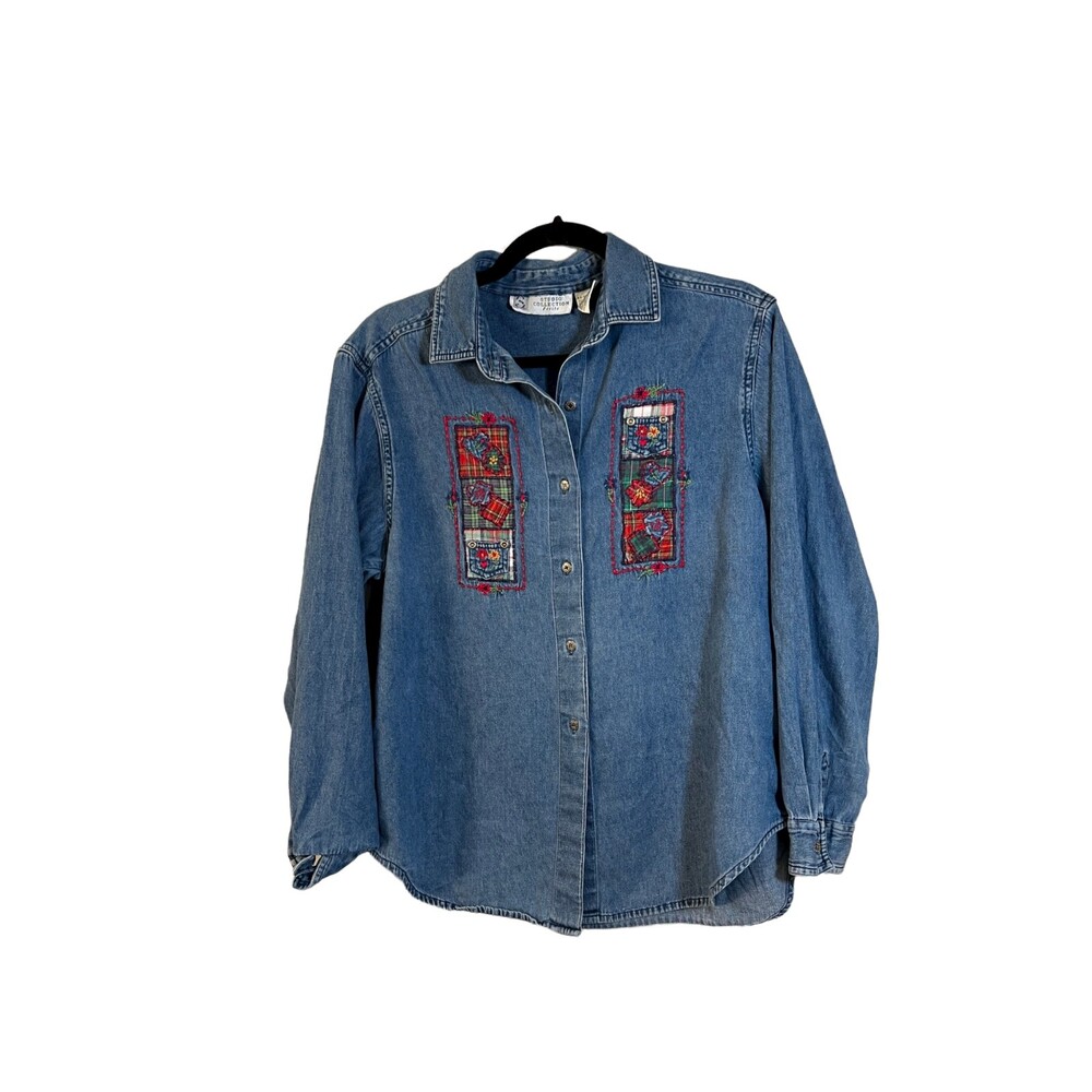Studio Collection Petite Denim Jean Shirt Embroidered Patchwork Large Petite